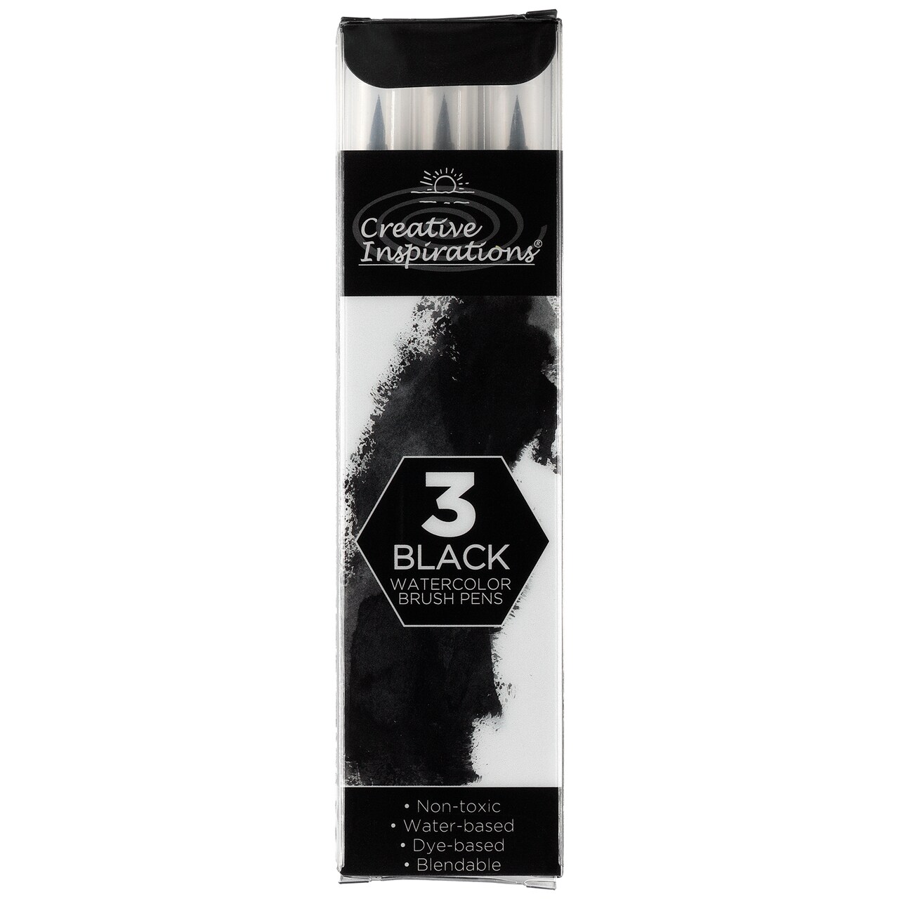 Creative Inspirations Watercolor Brush Pen Set - Water-Soluble Pens for Painting and Coloring - Set of 3 Black Brush Pens